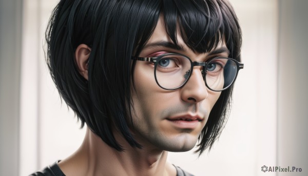 solo,looking at viewer,short hair,bangs,blue eyes,black hair,1boy,male focus,parted lips,glasses,blurry,black eyes,lips,grey eyes,makeup,blurry background,facial hair,thick eyebrows,portrait,beard,black-framed eyewear,realistic,nose,1girl,shirt,closed mouth,black shirt,eyelashes,close-up,bespectacled,round eyewear,over-rim eyewear