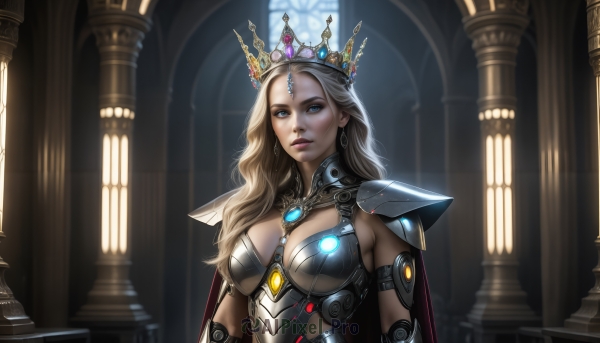 HQ,1girl,solo,long hair,breasts,looking at viewer,blue eyes,blonde hair,large breasts,cleavage,jewelry,medium breasts,upper body,earrings,parted lips,indoors,cape,armor,lips,glowing,tiara,crown,shoulder armor,gem,pauldrons,pillar,window,makeup,wavy hair,realistic