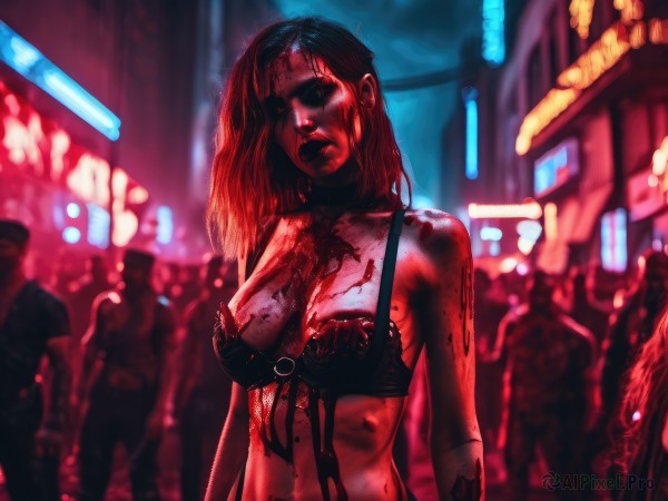 1girl,long hair,breasts,cleavage,medium breasts,underwear,upper body,solo focus,choker,bra,blurry,lips,blood,injury,blood on face,city,realistic,blood on clothes,zombie,crowd,death,guro,cyberpunk,black hair,swimsuit,bikini,outdoors,night,blurry background,glowing,glowing eyes,city lights,neon lights