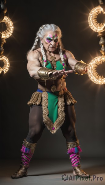 solo,long hair,gloves,1boy,bare shoulders,jewelry,standing,full body,braid,white hair,male focus,boots,pants,fingerless gloves,necklace,twin braids,muscular,glowing,facial hair,facial mark,brown footwear,muscular male,gem,beard,bracer,old,facial tattoo,multiple braids,looking at viewer,simple background,holding,closed mouth,weapon,earrings,sleeveless,dark skin,tattoo,mask,black pants,black background,facing viewer,legs apart,mustache,facepaint,biceps,dreadlocks