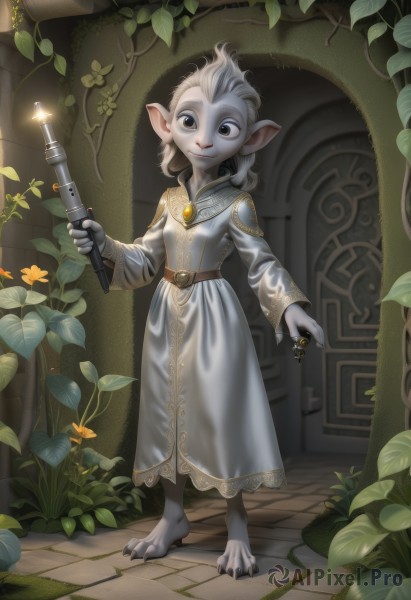 1girl,solo,looking at viewer,smile,long sleeves,dress,holding,animal ears,jewelry,standing,full body,weapon,flower,white hair,male focus,outdoors,barefoot,pointy ears,belt,artist name,indoors,necklace,white dress,black eyes,grey eyes,colored skin,leaf,plant,brooch,child,claws,furry,1other,robe,fantasy,door,furry female,female child,key,male child,vines,fewer digits,ivy,long hair,brown eyes,watermark,pale skin,web address,grey skin