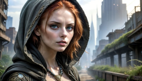 HQ,1girl,solo,looking at viewer,short hair,blue eyes,brown hair,jewelry,green eyes,outdoors,parted lips,sky,day,hood,necklace,orange hair,blurry,lips,plant,building,portrait,forehead,hood up,freckles,city,realistic,nose,long hair,red hair,earrings,teeth,tree,eyelashes,close-up