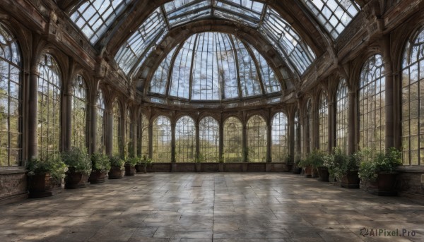 day,indoors,tree,no humans,window,sunlight,plant,scenery,light rays,tiles,potted plant,architecture,tile floor,ruins,pillar,arch,reflective floor,column,sky,cloud,blue sky,wooden floor,ceiling,vanishing point