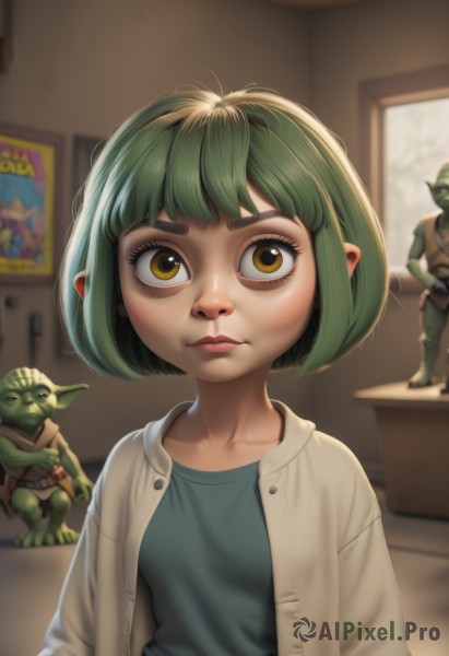 1girl,looking at viewer,short hair,bangs,shirt,brown eyes,closed mouth,jacket,yellow eyes,upper body,green hair,multiple boys,open clothes,solo focus,pointy ears,indoors,2boys,blurry,lips,window,depth of field,blurry background,colored skin,bob cut,thick eyebrows,cardigan,child,realistic,nose,female child,open cardigan,green skin,goblin,collarbone,eyelashes,crossed arms,3boys,messy hair