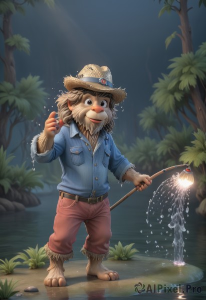 solo,looking at viewer,smile,open mouth,brown hair,shirt,long sleeves,1boy,hat,holding,brown eyes,standing,jacket,full body,male focus,outdoors,barefoot,collared shirt,belt,pants,artist name,water,black eyes,tree,wet,night,buttons,facial hair,ring,blue shirt,nature,beard,furry,sleeves rolled up,forest,pocket,belt buckle,brown headwear,straw hat,breast pocket,furry male,brown pants,red pants,river,stick,pond,animal ears,teeth,day,hand up,signature,blurry,hands up,watermark,happy,grass,blue jacket,web address,claws,buckle,freckles,black belt,water drop,rock,body fur,badge,animal nose,snout,lake,brown fur,fishing rod,moss,fishing,pawpads,holding fishing rod