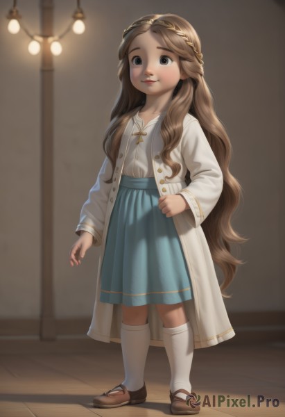 1girl,solo,long hair,smile,skirt,brown hair,shirt,long sleeves,brown eyes,very long hair,closed mouth,standing,full body,white shirt,shoes,socks,indoors,lips,blue skirt,coat,kneehighs,brown footwear,white socks,child,mary janes,female child,looking at viewer,jacket,braid,open clothes,flat chest,goggles on head,long skirt,arms at sides,crown braid