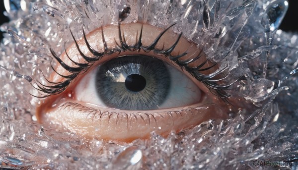 solo,looking at viewer,black hair,1boy,water,blurry,black eyes,eyelashes,close-up,1other,reflection,water drop,eye focus,1girl,bangs,blue eyes