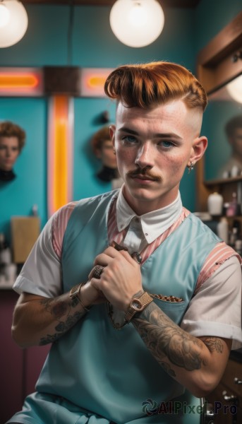 solo,looking at viewer,short hair,blue eyes,brown hair,shirt,1boy,jewelry,sitting,white shirt,short sleeves,male focus,earrings,necktie,collared shirt,indoors,blurry,vest,bracelet,lips,tattoo,blurry background,facial hair,piercing,ring,own hands together,freckles,sweater vest,watch,realistic,nose,mustache,wristwatch,arm tattoo,belt,blue vest,undercut,mohawk,neck tattoo