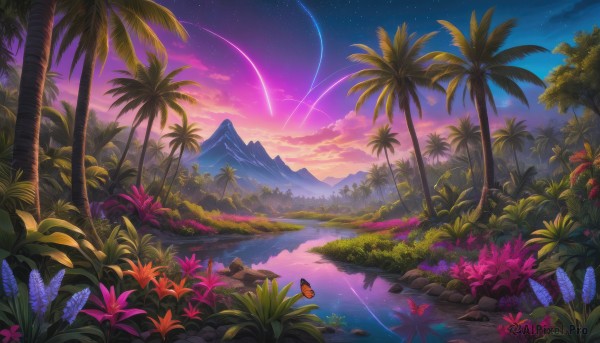 flower, outdoors, sky, cloud, water, tree, no humans, night, grass, bug, butterfly, star (sky), nature, night sky, scenery, starry sky, sunset, rock, mountain, palm tree, shooting star