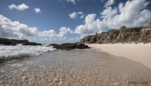 outdoors,sky,day,cloud,water,tree,blue sky,no humans,ocean,beach,cloudy sky,grass,nature,scenery,rock,mountain,sand,horizon,river,landscape,shore,waves,desert