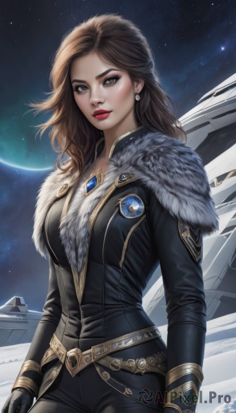 1girl,solo,long hair,breasts,looking at viewer,brown hair,gloves,long sleeves,brown eyes,jewelry,medium breasts,jacket,cowboy shot,earrings,sky,black gloves,belt,pants,artist name,signature,lips,fur trim,bodysuit,makeup,night,black pants,moon,lipstick,gem,star (sky),night sky,eyeshadow,starry sky,red lips,space,planet,realistic,aircraft,emblem,black bodysuit,spacecraft