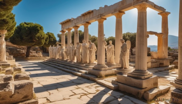 outdoors,sky,day,cloud,water,tree,blue sky,no humans,shadow,ocean,building,scenery,stairs,horizon,road,pillar,statue,arch,column,sunlight,shade,pavement