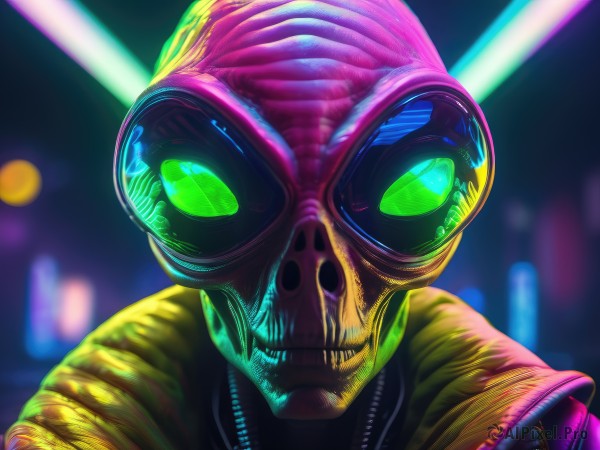 solo,looking at viewer,1boy,green eyes,jacket,upper body,male focus,blurry,mask,blurry background,glowing,goggles,portrait,realistic,sunglasses,helmet,science fiction,alien,neon lights