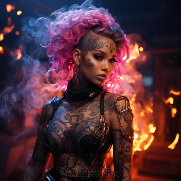 1girl,solo,long hair,breasts,looking at viewer,cleavage,jewelry,medium breasts,underwear,upper body,pink hair,multicolored hair,earrings,parted lips,belt,artist name,dark skin,bra,blurry,two-tone hair,dark-skinned female,lips,tattoo,makeup,blurry background,chain,watermark,facial mark,piercing,fire,lipstick,eyeshadow,smoke,curly hair,nose,arm tattoo,facial tattoo,mascara,eyelashes,black bra,eyeliner