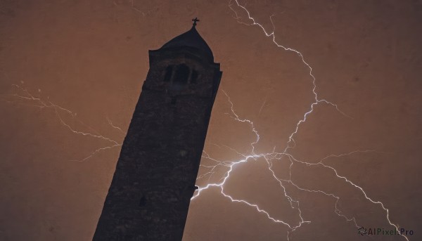 solo,outdoors,sky,cloud,no humans,building,scenery,brown background,electricity,house,lightning,tower,monochrome,ocean,sand,silhouette,lighthouse