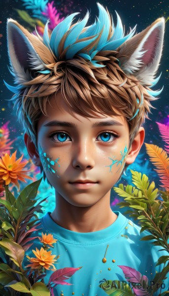 solo,looking at viewer,smile,short hair,bangs,blue eyes,blonde hair,brown hair,shirt,1boy,animal ears,closed mouth,blue hair,upper body,flower,male focus,multicolored hair,artist name,cat ears,lips,fox ears,eyelashes,leaf,facial mark,blue shirt,plant,portrait,star (sky),extra ears,freckles,realistic,nose,male child,cat boy,sky,two-tone hair,night,wolf ears,t-shirt,starry sky,yellow flower,facepaint,paint splatter,paint