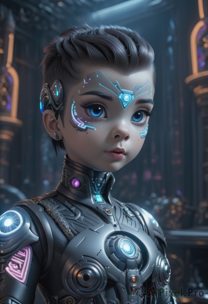 1girl,solo,breasts,looking at viewer,short hair,blue eyes,brown hair,black hair,jewelry,closed mouth,upper body,earrings,small breasts,artist name,armor,mole,blurry,lips,eyelashes,mole under eye,bodysuit,makeup,blurry background,glowing,headgear,facial mark,lipstick,science fiction,nose,android,stud earrings,cyborg,neon trim,cyberpunk,hologram,dark skin,dark-skinned female,eyeshadow,backlighting,eyeliner,very short hair,undercut