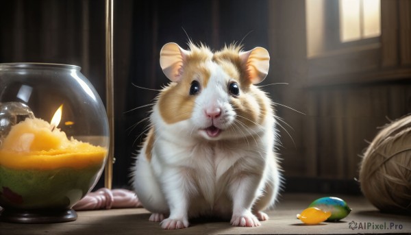 HQ,looking at viewer,open mouth,food,tongue,indoors,blurry,black eyes,no humans,window,blurry background,animal,fangs,cat,fire,bowl,realistic,candle,animal focus,mouse,whiskers