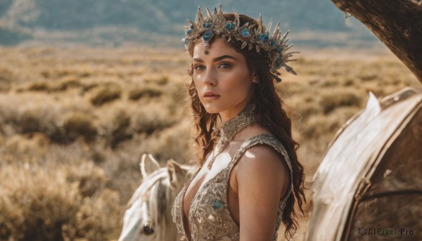 1girl,solo,long hair,breasts,looking at viewer,blue eyes,brown hair,black hair,dress,cleavage,bare shoulders,jewelry,medium breasts,upper body,outdoors,sky,sleeveless,choker,day,necklace,white dress,blurry,lips,depth of field,blurry background,tiara,crown,gem,freckles,realistic,fantasy,brown eyes,mole,riding,horse