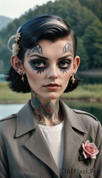 1girl,solo,looking at viewer,short hair,blue eyes,shirt,black hair,hair ornament,jewelry,closed mouth,jacket,white shirt,upper body,flower,multicolored hair,earrings,outdoors,choker,day,hair flower,blurry,black eyes,two-tone hair,tree,lips,grey eyes,tattoo,makeup,blurry background,rose,facial mark,piercing,cross,pink flower,eyeshadow,freckles,pocket,realistic,grey jacket,nose,breast pocket,cross earrings,mascara,neck tattoo,artist name,eyelashes,lipstick,ear piercing,portrait,red lips,eyeliner,facial tattoo,pink rose,flower tattoo