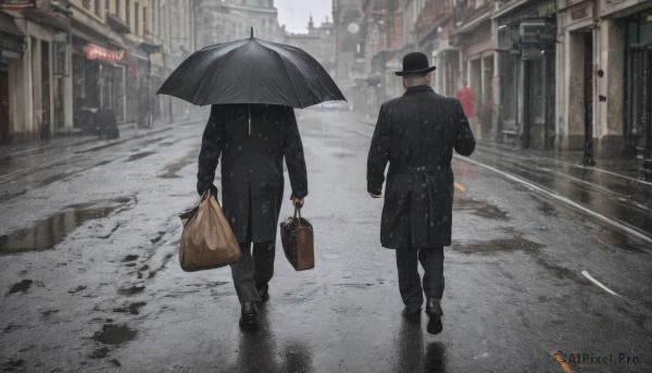 short hair,black hair,gloves,long sleeves,hat,holding,jacket,male focus,outdoors,multiple boys,pants,2boys,bag,from behind,black footwear,coat,black jacket,black headwear,umbrella,black pants,ground vehicle,building,scenery,motor vehicle,snow,walking,rain,black coat,snowing,holding umbrella,city,road,holding bag,street,shopping bag,shared umbrella,briefcase,black umbrella,shoes,day,blurry,formal,suit,sign,facing away,lamppost,puddle,pavement,sidewalk