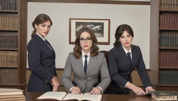 long hair,looking at viewer,short hair,blue eyes,multiple girls,skirt,brown hair,shirt,long sleeves,holding,brown eyes,sitting,closed mouth,school uniform,jacket,white shirt,braid,necktie,glasses,collared shirt,indoors,3girls,medium hair,hair bun,lips,black jacket,book,chair,formal,blazer,own hands together,suit,black necktie,holding book,black-framed eyewear,open book,grey jacket,bookshelf,pen,office lady,library,black hair,realistic