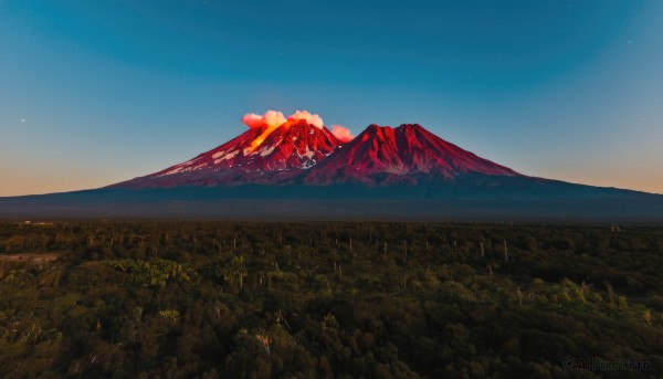 outdoors,sky,day,cloud,tree,blue sky,no humans,night,grass,star (sky),nature,scenery,forest,starry sky,sunset,mountain,field,landscape,mountainous horizon,gradient sky,hill,night sky,mount fuji