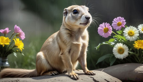 HQ,solo,blue eyes,closed mouth,full body,flower,outdoors,signature,blurry,no humans,blurry background,animal,cat,plant,white flower,realistic,yellow flower,animal focus,vase,whiskers,daisy