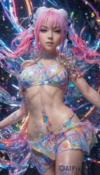 1girl,solo,long hair,breasts,looking at viewer,bangs,blue eyes,skirt,navel,twintails,jewelry,medium breasts,underwear,swimsuit,pink hair,cowboy shot,parted lips,shorts,choker,midriff,shiny,artist name,stomach,hair bun,bra,lips,see-through,shiny skin,double bun,armlet,realistic,bikini,necklace