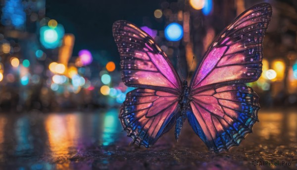 outdoors, wings, blurry, no humans, night, depth of field, blurry background, animal, bug, butterfly, scenery, reflection, bokeh, city lights