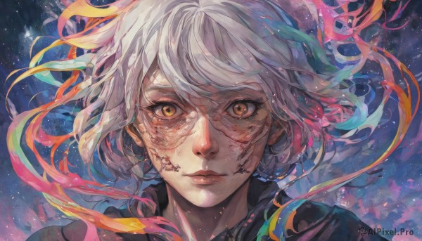 1girl,solo,looking at viewer,short hair,bangs,brown eyes,closed mouth,yellow eyes,white hair,grey hair,multicolored hair,lips,orange eyes,floating hair,portrait,eyelashes,heterochromia,wind,messy hair,nose,colorful,dirty face