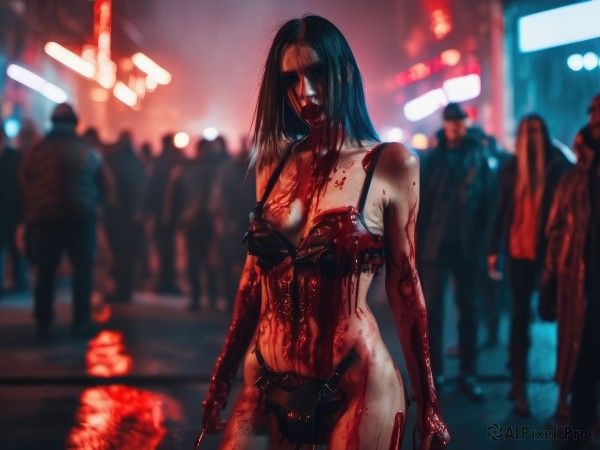 1girl,long hair,breasts,black hair,cleavage,medium breasts,underwear,standing,weapon,solo focus,bra,blurry,blood,blurry background,blood on face,city,blood on clothes,blood on hands,death,guro,corpse,torn clothes,night,depth of field,lingerie,public indecency,street