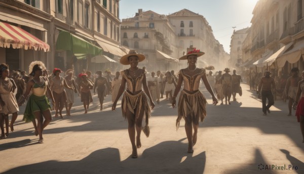 short hair,multiple girls,hat,navel,jewelry,outdoors,multiple boys,day,midriff,dark skin,dark-skinned female,shadow,6+girls,sandals,building,walking,6+boys,city,straw hat,road,street,crowd,very dark skin,long hair,barefoot,scenery