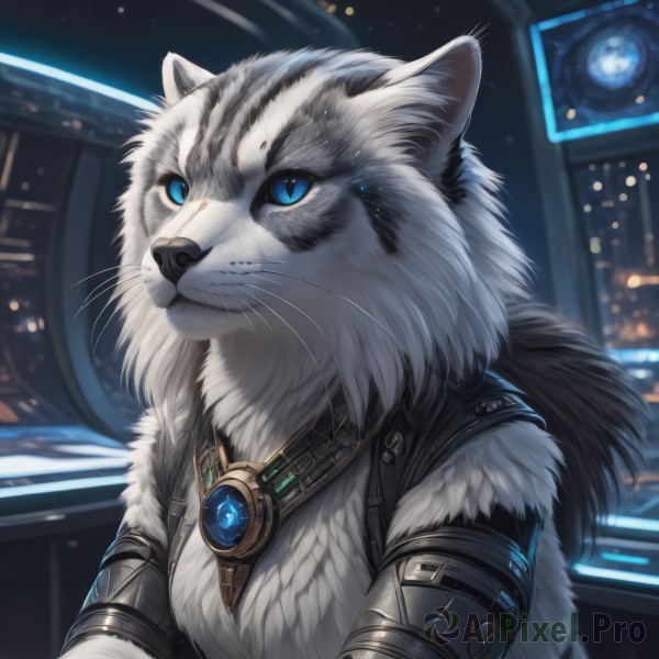 solo,looking at viewer,blue eyes,jewelry,closed mouth,upper body,no humans,night,animal,scar,cat,brooch,gem,science fiction,animal focus,white fur,whiskers,animal ears,artist name,blurry,fur trim,blurry background,furry