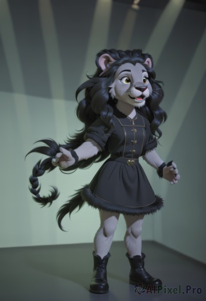 1girl,solo,long hair,open mouth,black hair,dress,animal ears,brown eyes,very long hair,standing,tail,full body,yellow eyes,braid,short sleeves,boots,teeth,belt,artist name,black footwear,black dress,fur trim,fangs,wristband,child,claws,furry,furry female,body fur,fur,animal nose,black fur,grey fur,furrification,breasts,smile,holding,jacket,small breasts,indoors,signature,fingerless gloves,flat chest,black jacket,single braid,buttons,blue dress,watermark,wavy hair,short dress,happy,sunlight,looking up,cross-laced footwear,freckles,green background,light rays,female child,grey dress,fur-trimmed dress,whiskers,snout,spotlight