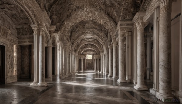 indoors,water,no humans,window,sunlight,scenery,reflection,stairs,door,architecture,pillar,statue,hallway,arch,reflective floor,column,light rays,wooden floor,light,ceiling,church