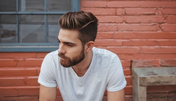 solo,short hair,brown hair,shirt,1boy,brown eyes,closed mouth,white shirt,upper body,short sleeves,male focus,outdoors,blurry,looking to the side,blurry background,facial hair,t-shirt,beard,meme,realistic,mustache,wall,brick wall,chest hair,photo background,arm hair,black hair,jewelry,earrings,day,undercut