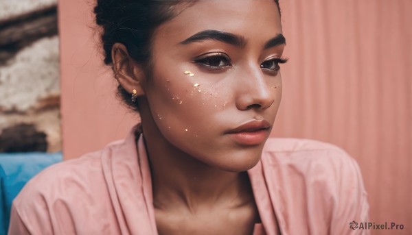 1girl,solo,short hair,shirt,black hair,jewelry,upper body,earrings,indoors,dark skin,blurry,black eyes,dark-skinned female,lips,eyelashes,blurry background,portrait,freckles,pink shirt,realistic,nose,very dark skin,makeup,piercing,ear piercing