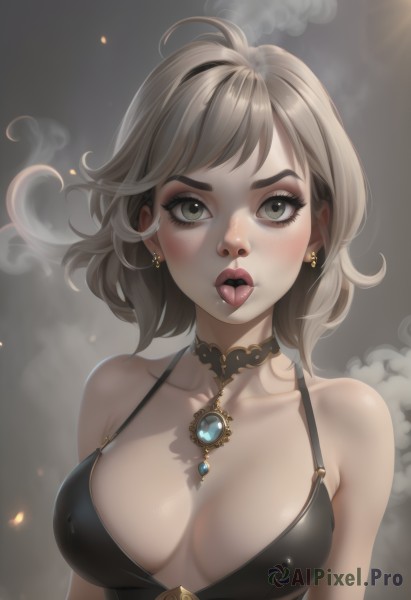 1girl,solo,breasts,looking at viewer,blush,short hair,open mouth,bangs,large breasts,brown hair,dress,cleavage,bare shoulders,brown eyes,jewelry,medium breasts,collarbone,upper body,grey hair,earrings,sleeveless,choker,tongue,artist name,tongue out,medium hair,necklace,black dress,covered nipples,lips,grey eyes,eyelashes,makeup,sleeveless dress,halterneck,black choker,piercing,brooch,gem,breasts apart,pendant,eyeshadow,smoke,freckles,nose,halter dress,mascara,tongue piercing,green eyes