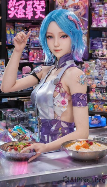 1girl,solo,breasts,looking at viewer,smile,short hair,bangs,blue eyes,hair ornament,holding,bare shoulders,medium breasts,closed mouth,blue hair,upper body,multicolored hair,food,indoors,apron,lips,grey eyes,bowl,realistic,spoon,gradient hair,fruit,watermark,armband,cooking,spatula