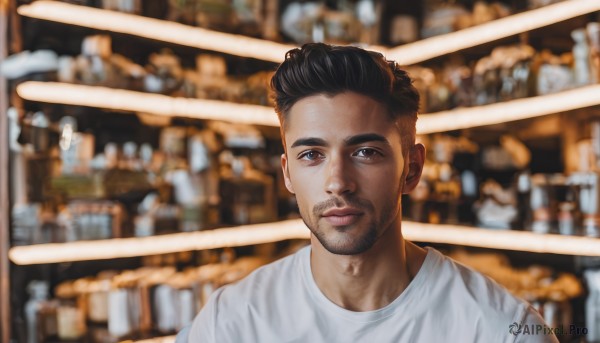 solo,looking at viewer,short hair,shirt,black hair,1boy,brown eyes,closed mouth,white shirt,upper body,male focus,indoors,blurry,black eyes,blurry background,facial hair,thick eyebrows,t-shirt,beard,realistic,mustache,stubble,photo background,smile,dark skin,lips,dark-skinned male,portrait,undercut