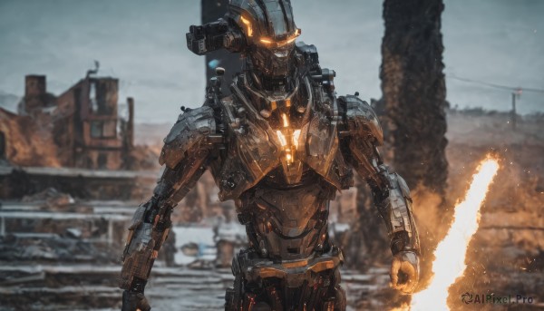 solo,looking at viewer,1boy,holding,weapon,male focus,outdoors,sword,holding weapon,blurry,orange eyes,no humans,blurry background,glowing,holding sword,fire,robot,building,mecha,glowing eyes,science fiction,military vehicle,ruins,embers,humanoid robot,flaming weapon,flaming sword,sky,military,motor vehicle,smoke,city,realistic,arm blade,kaijuu