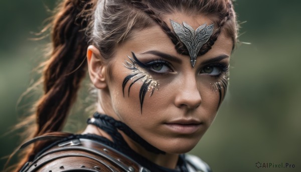 1girl,solo,long hair,looking at viewer,brown hair,brown eyes,closed mouth,ponytail,armor,mole,blurry,lips,eyelashes,blurry background,facial mark,shoulder armor,portrait,close-up,realistic,nose,green eyes,tattoo,freckles,facial tattoo