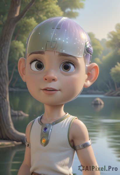 solo,looking at viewer,smile,short hair,brown hair,1boy,brown eyes,upper body,male focus,outdoors,parted lips,teeth,sleeveless,day,water,blurry,tree,blurry background,child,nature,forest,freckles,male child,lake,open mouth,sky,belt,artist name,armlet,reflection,realistic,pond