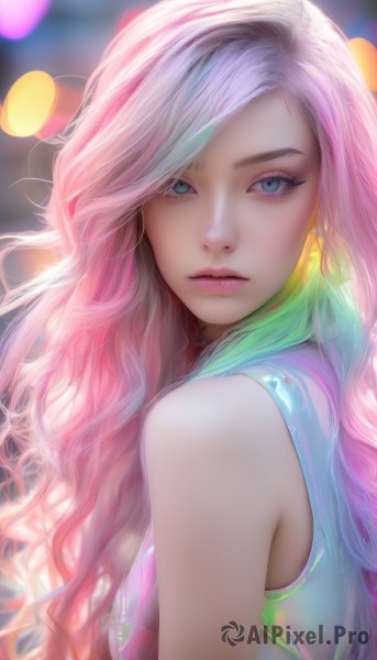 1girl,solo,long hair,looking at viewer,bangs,blue eyes,shirt,bare shoulders,jewelry,closed mouth,upper body,pink hair,multicolored hair,earrings,sleeveless,blurry,two-tone hair,lips,eyelashes,makeup,blurry background,wavy hair,realistic,nose,rainbow hair,parted lips,artist name,from side,gradient hair,depth of field,swept bangs,watermark,web address,eyeshadow,pink lips,bokeh,mascara