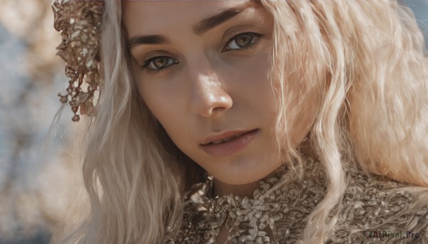 1girl,solo,long hair,looking at viewer,blonde hair,hair ornament,brown eyes,flower,white hair,parted lips,teeth,hair flower,blurry,lips,eyelashes,depth of field,blurry background,wavy hair,portrait,close-up,realistic