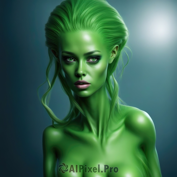 1girl,solo,long hair,breasts,looking at viewer,large breasts,cleavage,medium breasts,green eyes,collarbone,upper body,nude,green hair,lips,makeup,colored skin,lipstick,monster girl,realistic,nose,green skin,green theme,blonde hair,parted lips,shiny,shiny skin,glowing,alien,yellow skin,plant girl