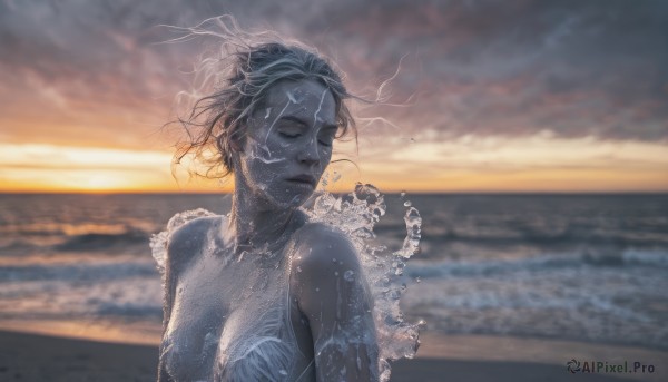 1girl,solo,breasts,short hair,cleavage,bare shoulders,medium breasts,closed mouth,closed eyes,upper body,outdoors,sky,cloud,water,blurry,lips,floating hair,depth of field,blurry background,colored skin,ocean,beach,monster girl,wind,sunset,realistic,horizon,scales,mermaid,grey skin,shell,shell bikini,collarbone,swimsuit,bikini,parted lips,wet,cloudy sky,splashing,waves