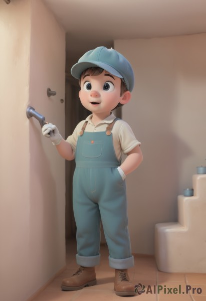 solo,looking at viewer,smile,short hair,open mouth,brown hair,shirt,black hair,gloves,1boy,hat,holding,standing,full body,white shirt,short sleeves,male focus,boots,collared shirt,indoors,white gloves,black eyes,brown footwear,child,blue headwear,hand in pocket,door,overalls,male child,bathroom,toilet