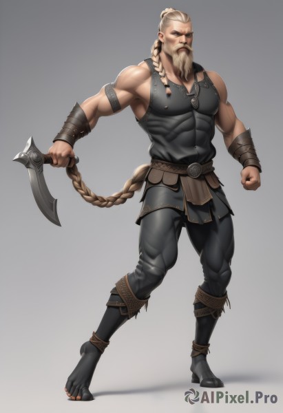 solo,long hair,looking at viewer,blonde hair,1boy,holding,bare shoulders,very long hair,standing,full body,weapon,braid,male focus,thighs,belt,pants,grey background,holding weapon,gradient,gradient background,single braid,muscular,facial hair,thick thighs,black pants,pectorals,muscular male,clenched hand,bara,beard,large pectorals,mature male,mustache,tight,old,old man,biceps,sidepec,simple background,jewelry,boots,sleeveless,necklace,armor,dual wielding,covered abs